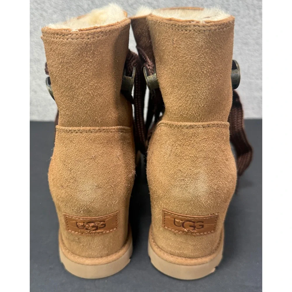 UGG Wedge Boots Women Sz 7.5 Chestnut Brown Suede Shearling Femme Lace Up Ankle